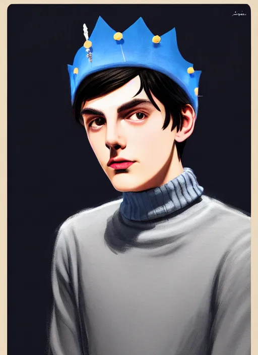 Image similar to portrait of teenage jughead jones wearing a light grey crown, crown, blue turtleneck, 1 9 5 0 s, closed eyes, photorealistic, black hair, glowing lighting, intricate, elegant, glowing lights, highly detailed, digital painting, artstation, concept art, smooth, sharp focus, illustration, art by wlop, mars ravelo and greg rutkowski