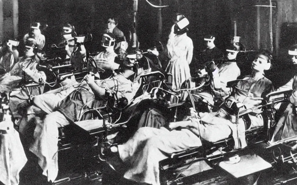 Image similar to 1 9 0 0 s photo of people using iphones ipods virtual reality headsets vr watching hd tv in a movie theater intravenous tube iv in their arms
