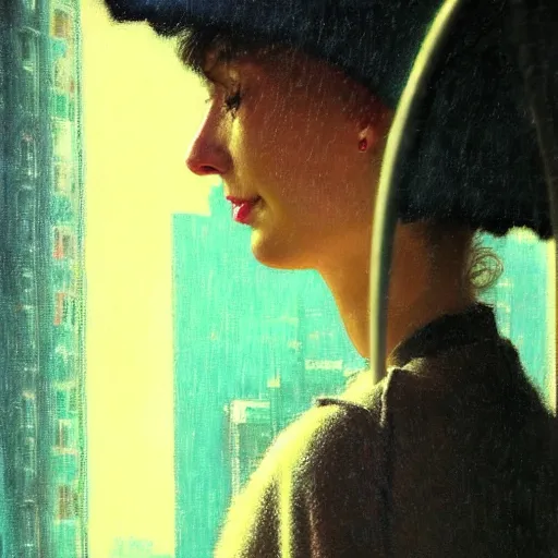 Image similar to detailed portrait of a woman, moment, cyberpunk cloisters, electronic billboards, tech noir, wet reflections, atmospheric, ambient, wlop, norman rockwell, alexis flower, hopper, livia prima, greg rutkowski, george tooker, gil elvgren, norman rockwell, alexis flower, hopper, mucha, whistler, norman rockwell, peter max,