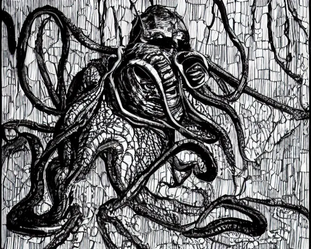 Prompt: camera footage of a extremely aggressive Giant mutated Octopus with glowing white eyes, Mutated Human Features, Human Spine, Organic Lure, in an abandoned shopping mall, Psychic Mind flayer, Terrifying, Metal Slug Aliens :7 , high exposure, dark, monochrome, camera, grainy, CCTV, security camera footage, timestamp, zoomed in, Feral, fish-eye lens, Fast, Radiation Mutated, Nightmare Fuel, Ancient Evil, Bite, Motion Blur, horrifying, lunging at camera :4 bloody dead body, blood on floors, windows and walls :5