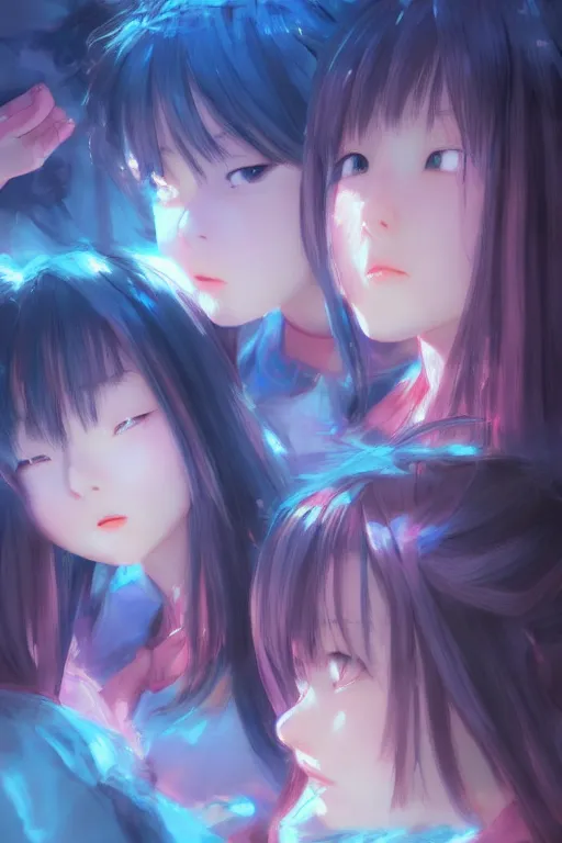 Prompt: 3d infrared octane render concept art by Mo Xiang Tong Xiu, by Igarashi Daisuke, by makoto shinkai, cute beauty cozy portrait anime sad schoolgirls under dark pink and blue tones, mirror room. light rays. deep water bellow. pretty realistic face. dramatic deep light, trending on artstation, oil painting brush