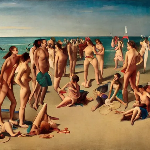 Image similar to an art piece depicting a social gathering on a beach in the style of richard hamilton