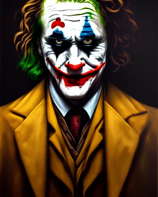 Prompt: joker, portrait, oil painting, old masters, rembrandt light, classic, cinematic, highly detailed, 8 k