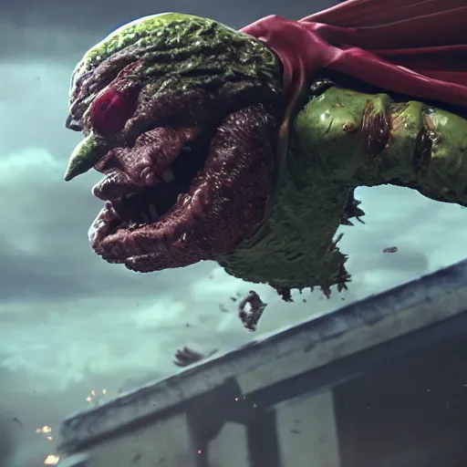 Image similar to pickle rick is flying as superman flying in ( gears of war ), splash art, movie still, detailed face, photorealistic facial features, cinematic lighting, dramatic, octane render, long lens, shallow depth of field, bokeh, anamorphic lens flare, 8 k, hyper detailed, 3 5 mm film grain