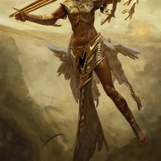 Prompt: angelic humanoid with wings on its back and an upside-down marble head holding a golden spear, digital art, by Fernanda Suarez and and Edgar Maxence and greg rutkowski