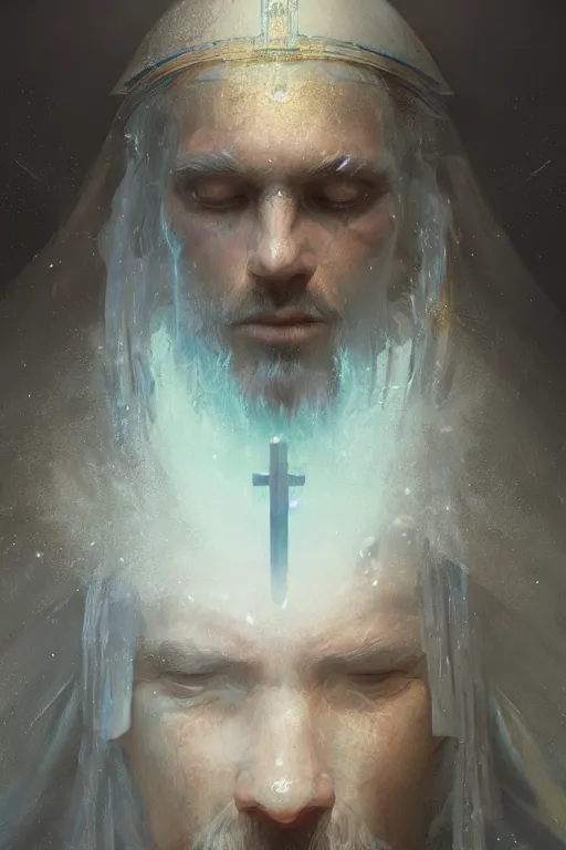 Image similar to Atlantis priest, close-up portrait, devoted, intricate, elegant, volumetric lighting, scenery, digital painting, highly detailed, artstation, sharp focus, illustration, concept art,ruan jia, steve mccurry