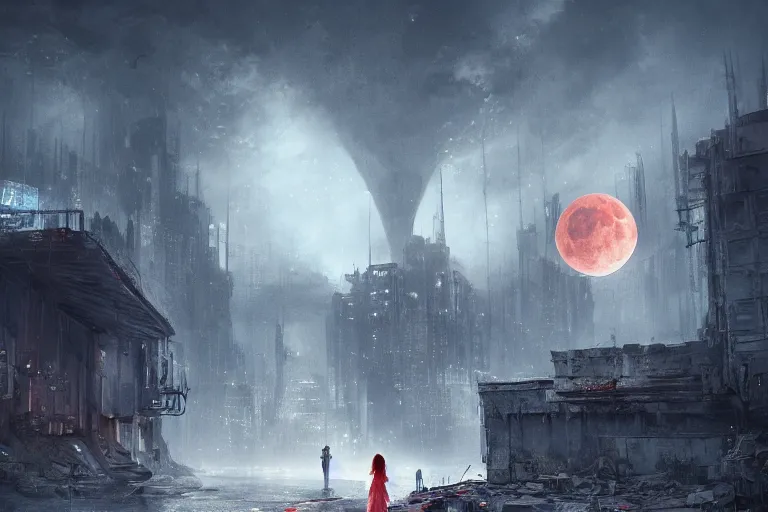 Prompt: a detailed illustration of a lonely girl against the background of a ravaged city and a red moon, artstation, by Frederik Heyman, sophisticated, Unreal engine, dystopia, anti-utopia, post processing, nostalgic melancholic artwork, intricate