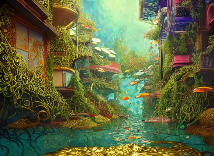 Image similar to foliage in art nouveau favela, underwater environment, borealis, scenery, professional, award - winning, trending on artstation, hyper detailed, realistic, beautiful, emotional, shiny, golden, picture