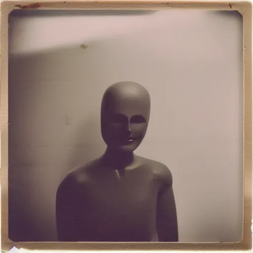 Image similar to an uncanny photograph of a mannequin with a wide smile in a dimly lit abandoned warehouse, creepy, liminal, flash photography, polaroid i-Type film