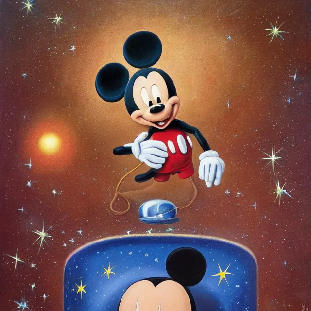 Prompt: an oil on canvas portrait painting of mickey mouse and trump, surrealism, surrealist, cosmic horror, rob gonsalves, high detail