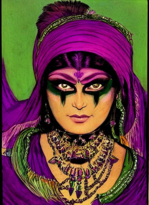 Prompt: portrait of muscular indian vampiress, jeweled veil, purple and green, strong line, saturated color, beautiful! coherent! by frank frazetta, high contrast, minimalism