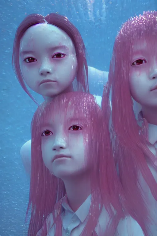 Prompt: 3d realistic dramatic infrared photo of two schoolgirls sisters with a realistic face standing in a dark subway station under water in Japan. Close-up portrait. There are pink palm trees and translucent glow jellyfish flying around. Volumetric composition. Pastel colors in the style of Hiro Kiyohara, redshift, octane, trend artstation, cinematic, hyper realism, high detail, 8k