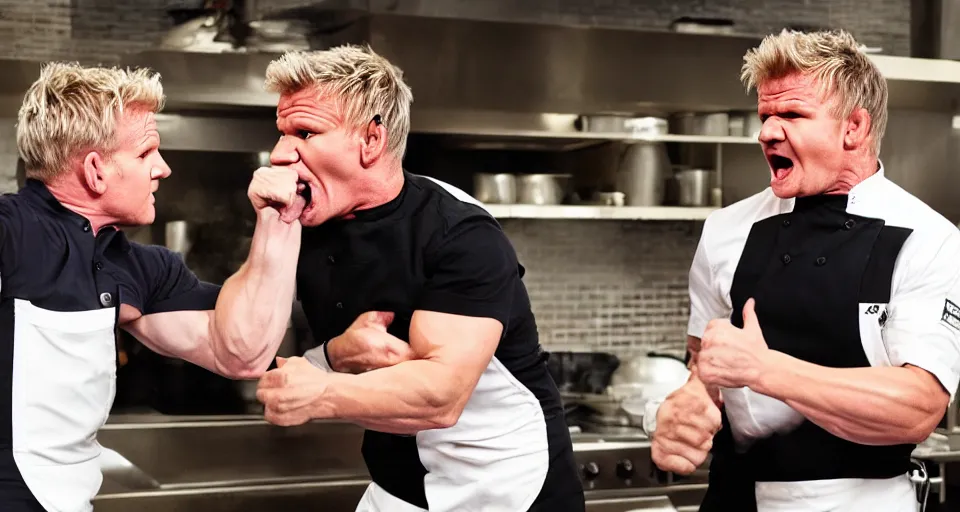 Image similar to photo of angry furious Gordon Ramsay punching Gordon Ramsay at the kitchen