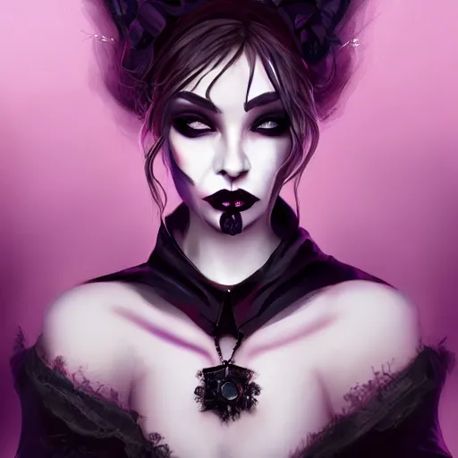 Prompt: a girl wearing gothic clothes, purple lipstick, highly detailed, digital painting, artstation, concept art, smooth, sharp focus, illustration