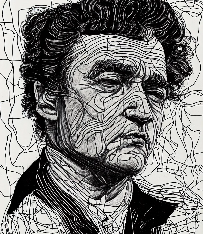 Image similar to detailed line art portrait of johnny cash, inspired by egon schiele. contour lines, musicality, twirls, curls, curves, confident personality