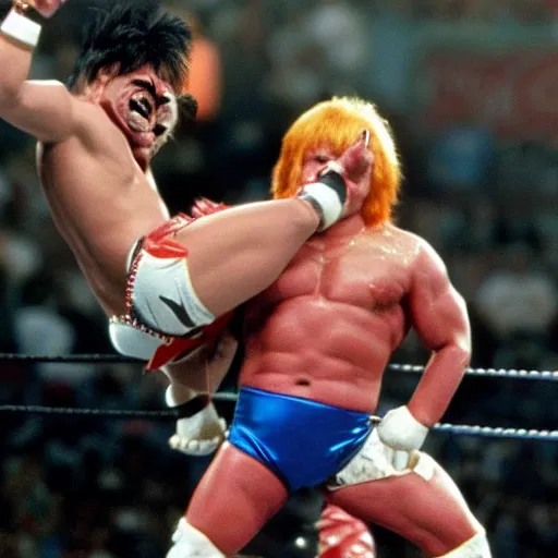 Image similar to screaming chucky doll wrestling hulk hogan wrestlemania iii