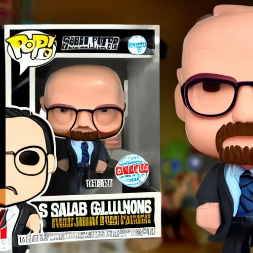 Prompt: Saul Goodman Selling Walter White Funko Pops Highly Detailed