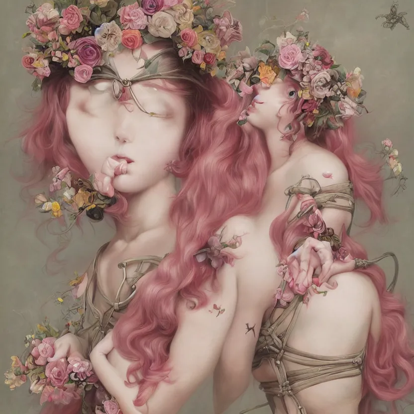 Image similar to pop surrealism, lowbrow art, realistic seductive cute woman painting, pink body harness, long hair, japanese shibari with flowers, hyper realism, muted colours, rococo, natalie shau, loreta lux, tom bagshaw, mark ryden, trevor brown style,