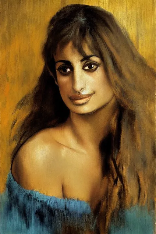 Image similar to oil painting, portrait of penelope cruz, artwork by edgar degas