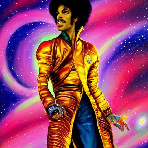 Image similar to a cosmic painting of prince in space. mindblowing colours, trending on artstation. highly detailed face.