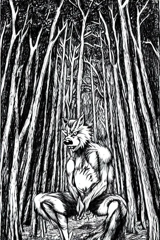 Image similar to a drawing of a werewolf in a forest, by junji ito