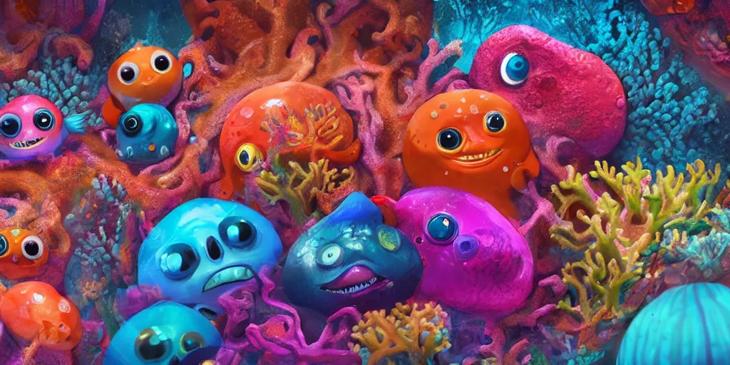 Image similar to of a colorful deep sea under water with strange cute friendly happy creatures with huge eyes, mouth, long tongue and round teeth appearing from sandy coral, in the style of gehry and gaudi, macro lens, shallow depth of field, ultra detailed, digital painting, trending artstation, concept art, illustration, cinematic lighting, photorealism, epic, octane render