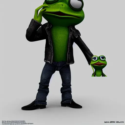 Image similar to perfectly accurate miniature figure of pepe the frog wearing jeans and a black leather jacket, soft textures, skin texture, clothing, 3d sculpture, textured, fine detail, lifelike, photo, high resolution, octane render, post processing, after effects, trending on artstation