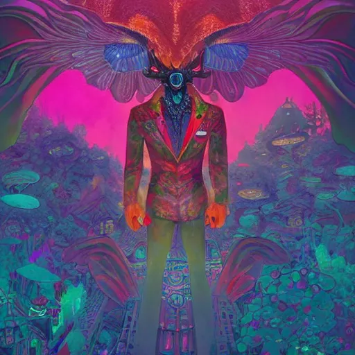 Image similar to 8K headshot Portrait of centered chest up of a psychedelic godlike mothman with giant mandala wings smoking a hand-rolled cigarette smoking heavily , magic mushroom village in background , post-processing , award winning. superb resolution. in the art style of Satoshi Kon and Greg Rutkowski . Detailed Mushroom city in background. Hyper realistic anime. Perfect art. Dalle2