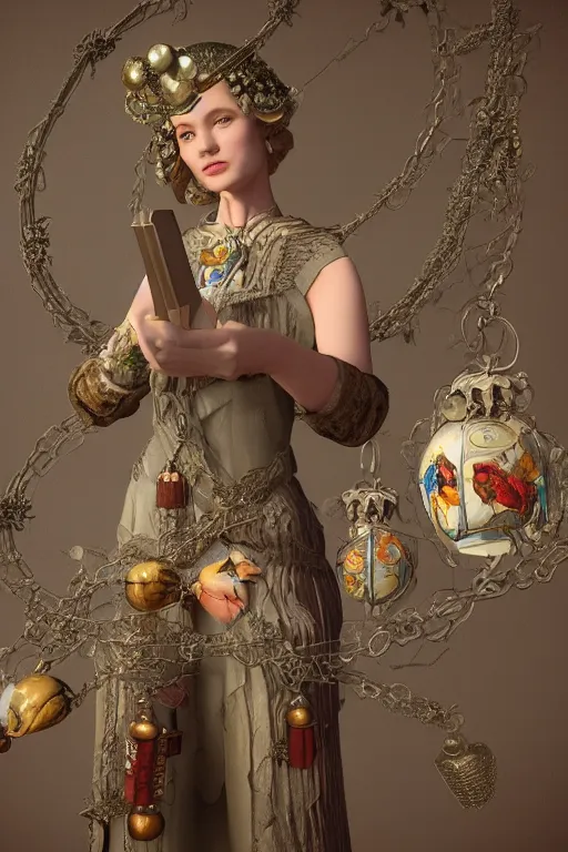 Image similar to zoom in 3 d render of english princess holding birds, ornaments, church, altar, dieselpunk, solarpunk, artstation, andrei riabovitchev