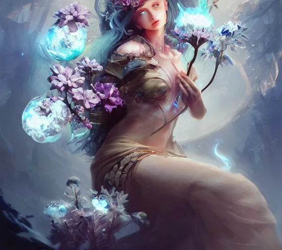 Image similar to beautiful girl necromancer covered with crystals exploding ice, 3 d render, hyper realistic detailed portrait, holding magic flowers, ruan jia, wlop. scifi, fantasy, hyper detailed, octane render, concept art, peter mohrbacher