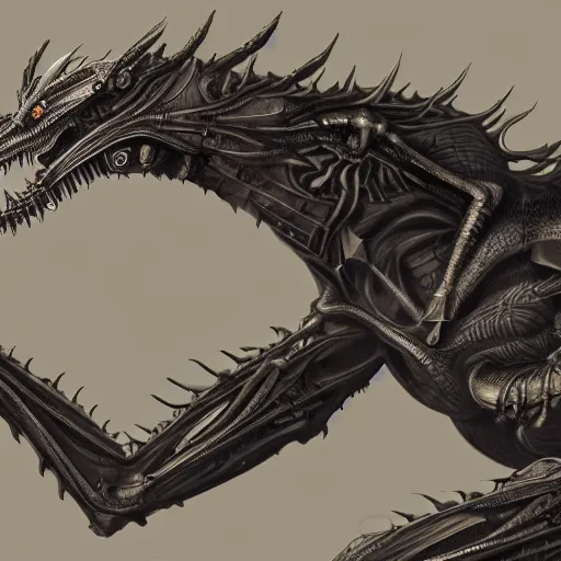 Prompt: cyborg dragon, concept art, incredibly detailed, biomechanical, H.R. Giger, 4k