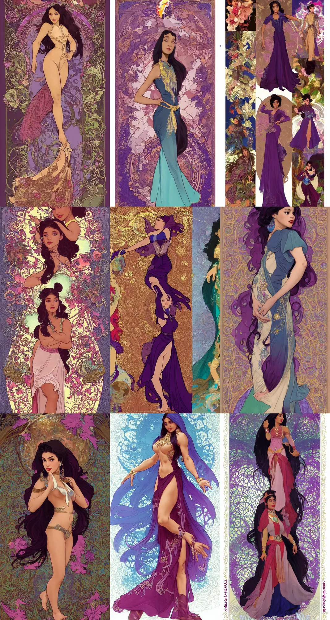 Prompt: Character concept fashion spot illustrations of Disney's Raya and the Last Dragon and Encanto crossover, colorful, full-body, bloom, dynamic poses, diaphanous cloth, intricate crystalline and feather jewelry, ornate, filigree, arcane, cinematic lighting, by Artgerm, by Alphonse Mucha, by Bouguereau, by Sakimichan, fantasy, portfolio illustration, highly detailed, trending on Artstation, CGsociety, HQ, 8k, 35mm lens, f2.8, Bokeh,