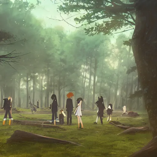 Image similar to emo band playing music performing in the woods, hyperrealistic, trending on pixiv fanbox, painted by greg rutkowski makoto shinkai takashi takeuchi studio ghibli, akihiko yoshida