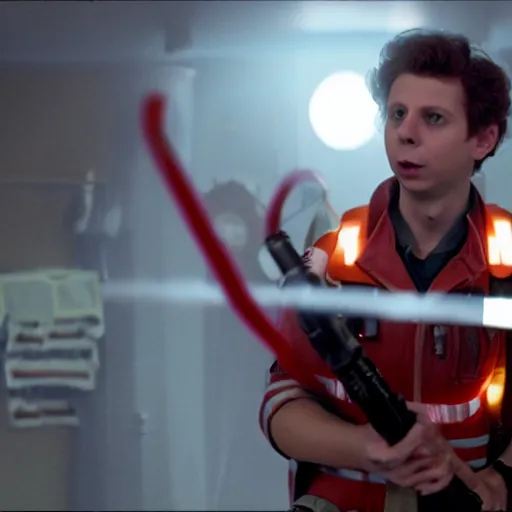 Image similar to Michael Cera as a Ghostbuster in the movie Ghostbusters movie still 8k hdr