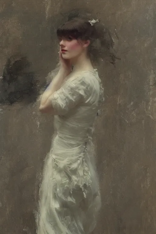 Image similar to Richard Schmid and Jeremy Lipking victorian genre painting full length portrait painting of a young beautiful woman victorian rich dancer