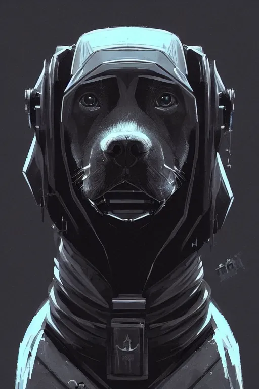 Image similar to a portrait of cyberpunk dog, grim - lighting, high - contrast, intricate, elegant, highly detailed, digital painting, artstation, concept art, smooth, sharp focus, illustration
