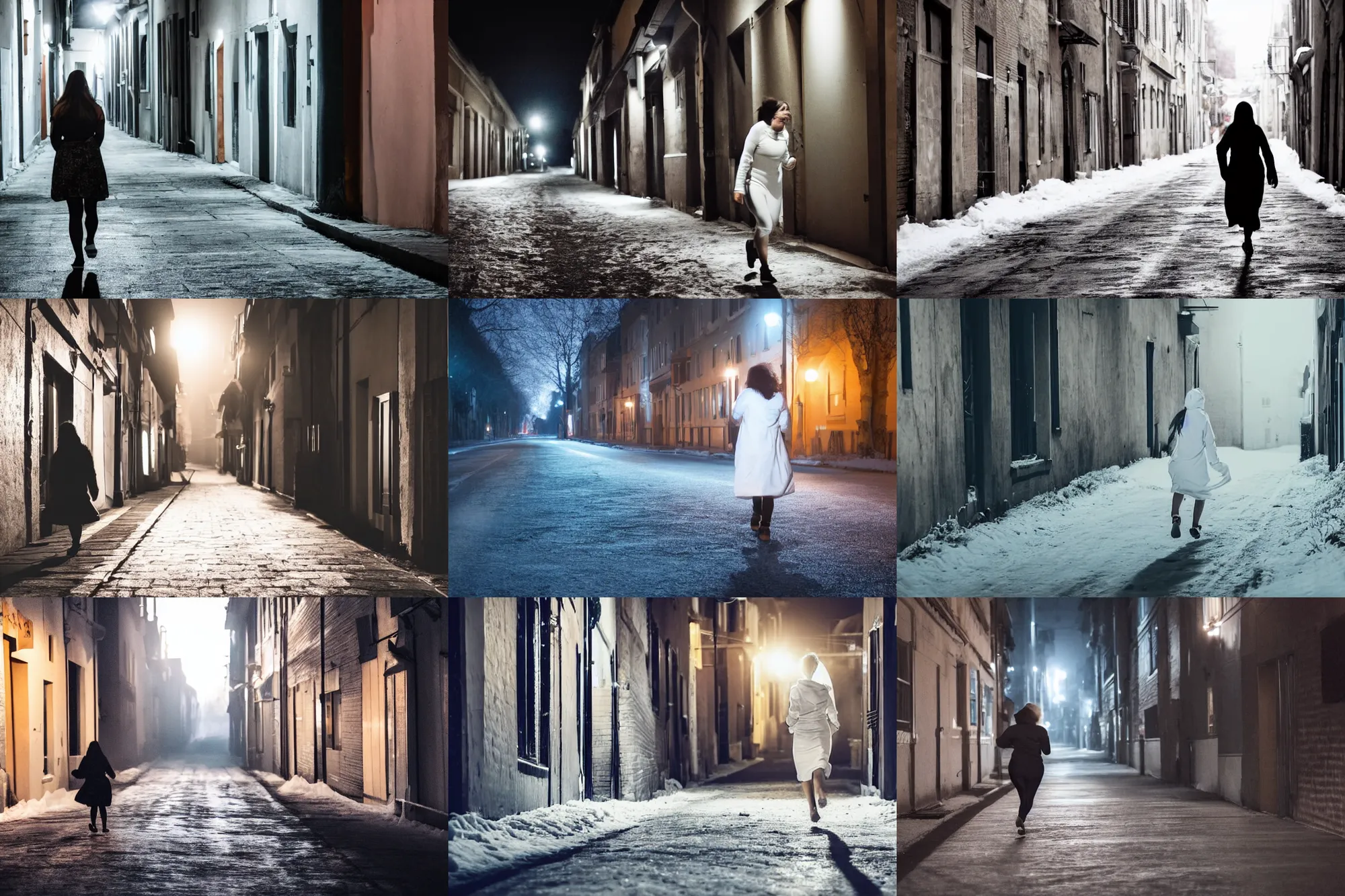 Prompt: woman 3 6 years old in one white sheet runs along a dark street in winter