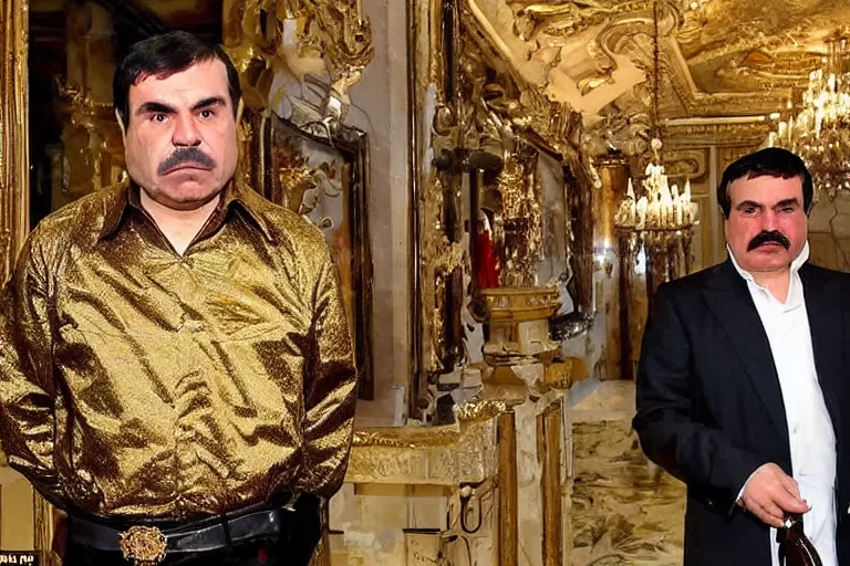 Image similar to el chapo standing in the middle of a grandiose mexican mansion. everything is made out of gold. el chapo is sipping on wine. the mansion is incredible and ornate. chapo has a clockwork chain. there are princesses and queens everywhere around him, lovely scene