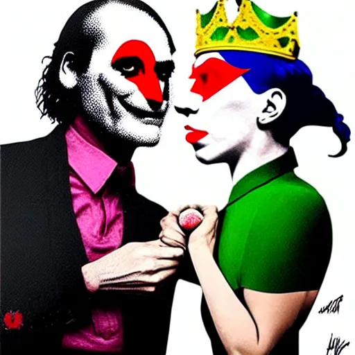 Prompt: richard hamilton and mimmo rottela and banksy as joaquin phoenix skinny joker holding hand lady gaga harley queen, ultra photorealistic, intricate details, pop art style, baroque, concept art, ultrarealistic, 3 colors, smooth, sharp focus