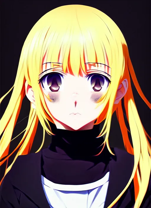 Image similar to anime portrait of a beautiful blonde, yellow - orange eyes, ilya kuvshinov, black clothing, anime, pixiv top monthly, trending on artstation, cinematic, danbooru, zerochan art, kyoto animation