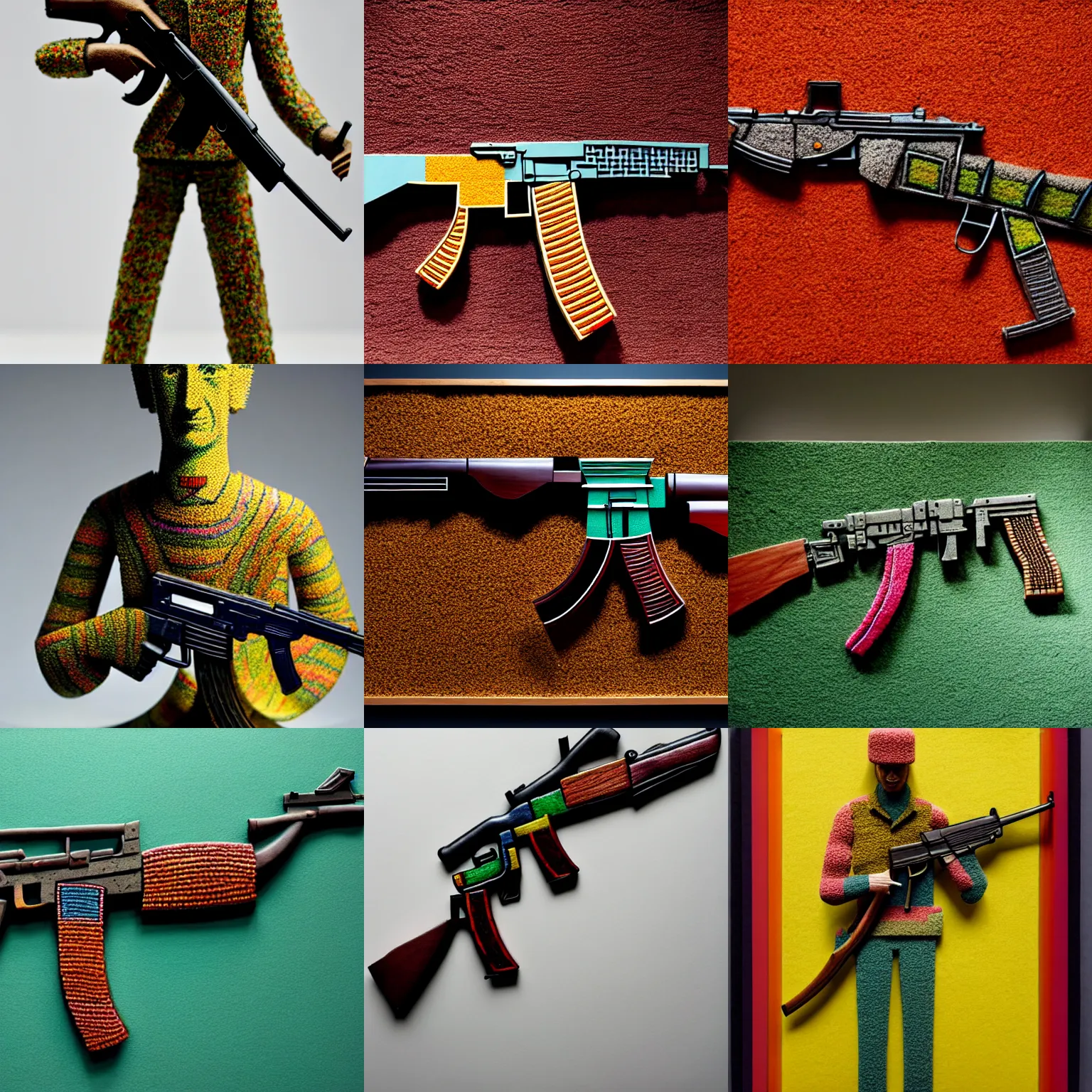 Prompt: accurate carpeted figurine of AK-47, colourful, lots of detail, masterful work, intricate, delicate, by Jonas Jensen, Magnum photos