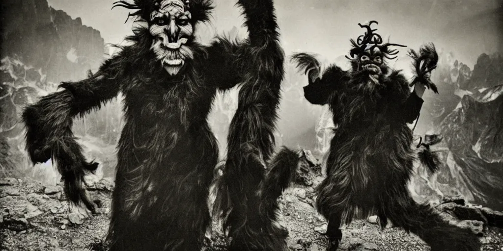 Image similar to krampus with big beak dancing in dolomites, hay fur, austrian folklore, 1920s photography, grainy, eerie, dark