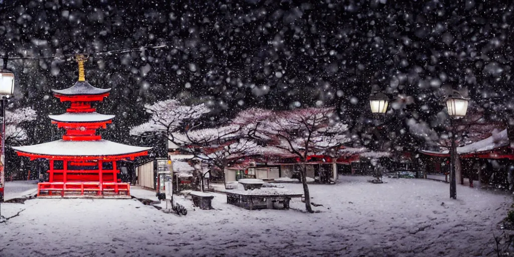 Image similar to a Japanese shrine, snowing, photograph, cyberpunk, sharp focus, intricate detail, drone shot, high resolution, 8k, neon streetlights, wires hanging down everywhere, Japan, colourful,,
