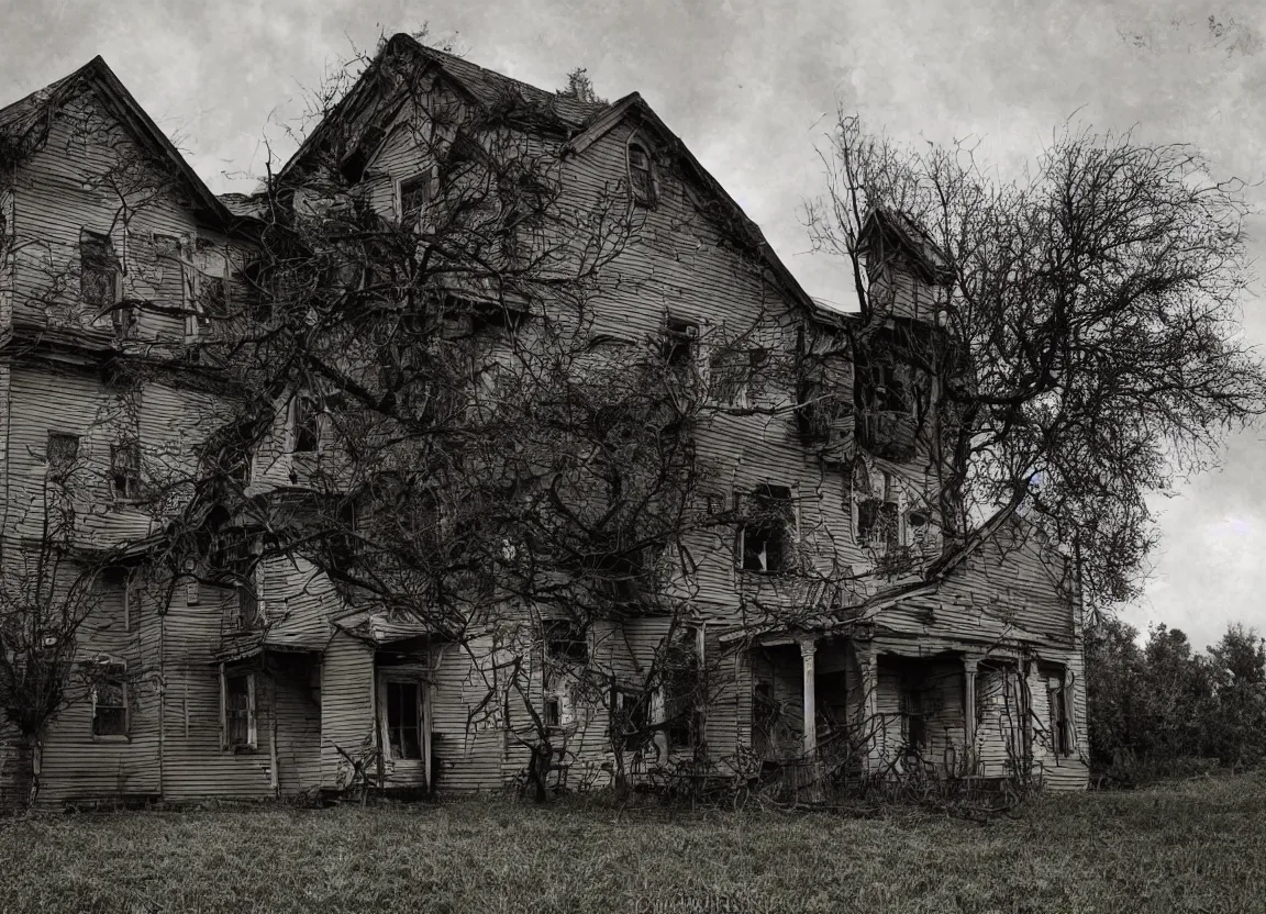 Image similar to realistic photograph of a creepy house with a poltergeist