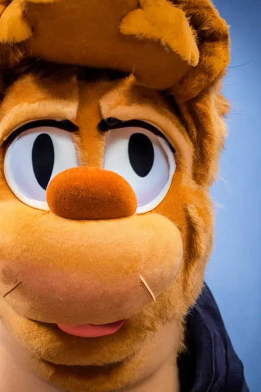 Image similar to portrait of Jacksfilms dressed in Garfield costume, starring in live-action adaptation of the comics, close-up photograph, shallow depth of field