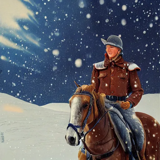 Prompt: a painting of a person on a horse in the snow, poster art by otomo katsuhiro, cgsociety, nuclear art, reimagined by industrial light and magic, official art, poster art