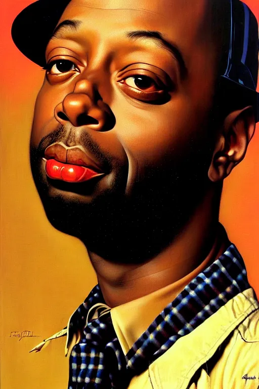 Image similar to j dilla portrait by gil elvgren and norman rockwell and rob gonsalves and hajime sorayama, hyperrealistic, high detail, ultra detailed, highly detailed face, ruffled fabric