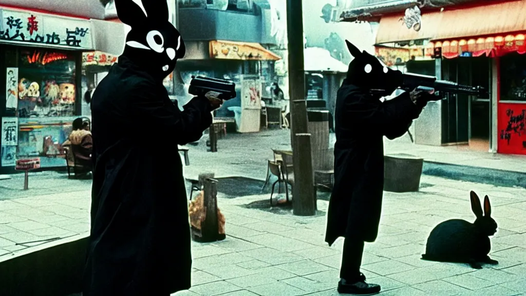 Prompt: a man in a trench coat wearing a black rabbit mask in front of a diner shooting an uzi, film still from the an anime directed by Katsuhiro Otomo with art direction by Salvador Dalí, wide lens