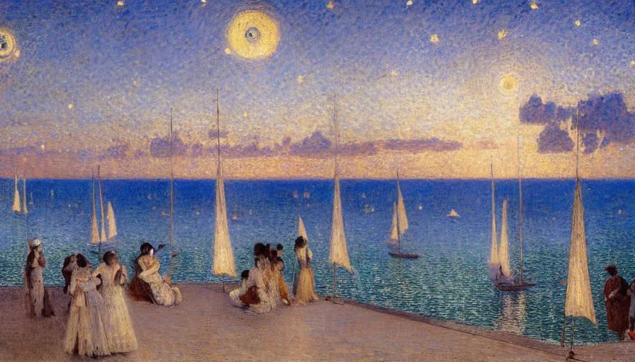 Image similar to a ultradetailed beautiful painting of the night sky of the amazonas palace balustrade designed by jules bastien - lepage, tarsila do amaral, frank weston and gustave baumann, beach, trending on artstation, mediterranean, palm trees, sharp focus, sail boats, soft light, 8 k 4 k