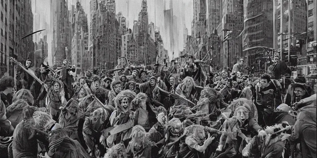 Image similar to hobbits rioting in the streets of new york, surrealism aesthetic, detailed facial expressions